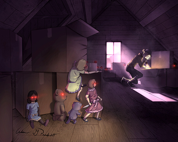 Kat looks through storage in the attic while haunted toys stalk her