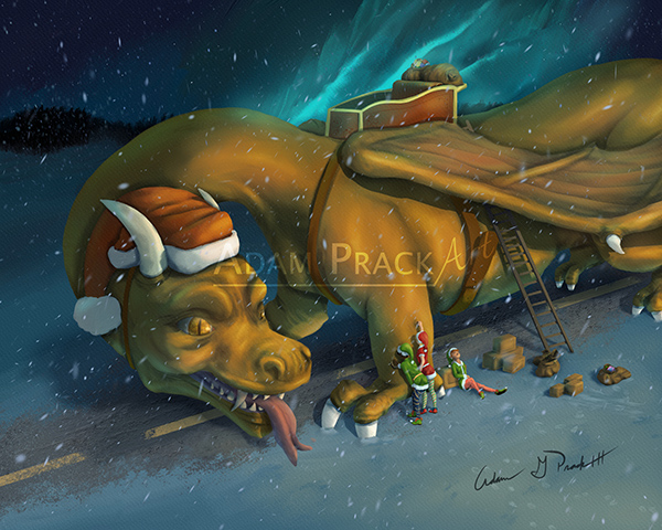 A festive painting of a dragon getting prepped to take Santa Claus out for Christmas