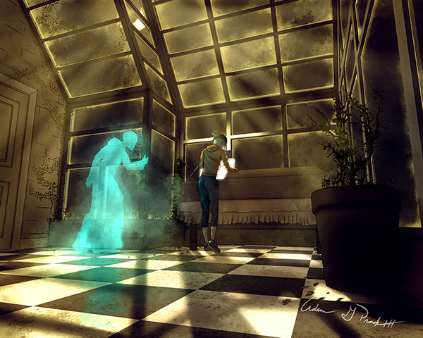 Kat peeks inside an open casket in the conservatory