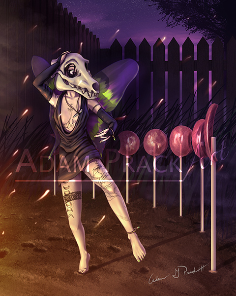 A small, witchy fairy wearing a skull dances in a yard admidst lollipops cut into the phases of the moon