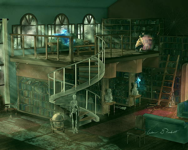 Kat checks out the books in this old, dusty library in a haunted mansion. She's not alone.