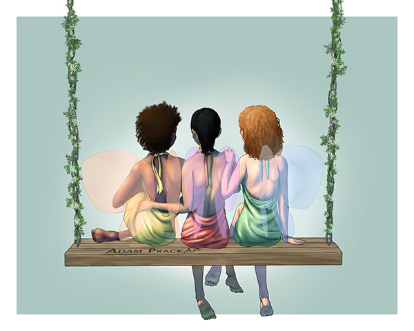 Three fairies sit together on a wooden swing