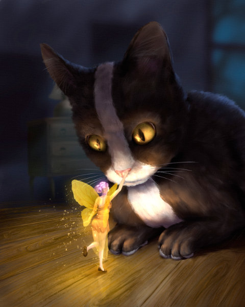 A touching, intimate shot of a little fairy and a cat interacting